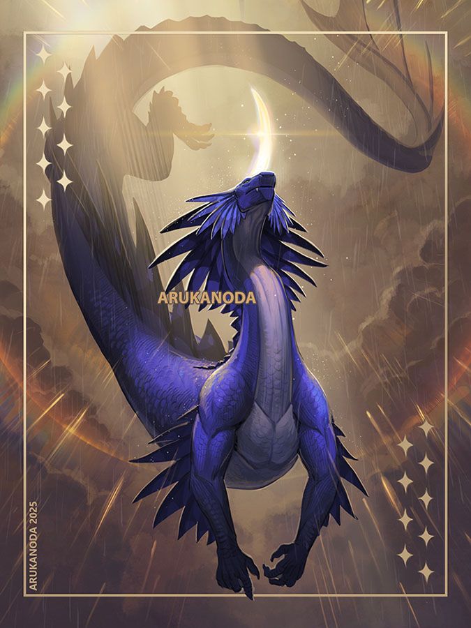 Digital illustration by Arukanoda. A long bodied blue dragon descends from a heavenly background, a softly curved horn spreading particles of light in a shimmering halo.