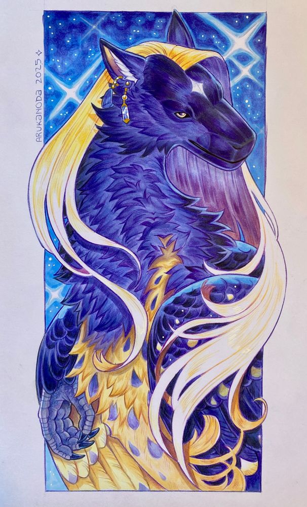 Drawing by Arukanoda. A traditional drawing of a fictional species (arvani) that exhibits purple fur, a yellow belly, feathered wings, and a long flowing mane with a sunset gradient within the under layers. A small background can be seen of sparkling stars against blue tones.The artwork is made with markers and colored pencils. For Inkmaven.