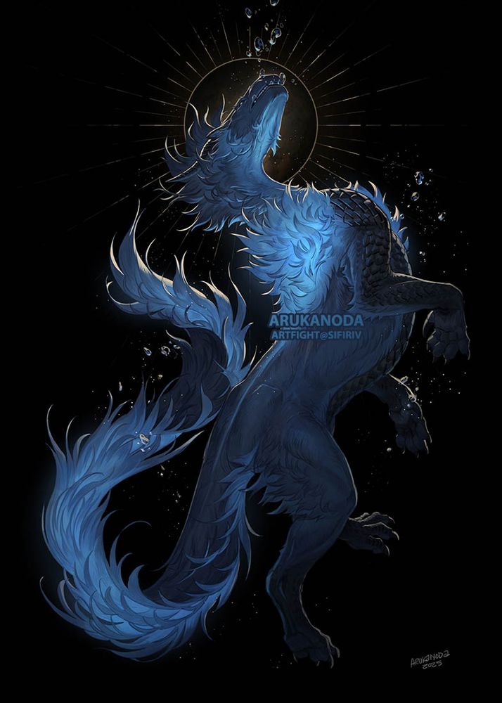 Illustration by Arukanoda. A brute bodied wingless dragon with black scales and blue fur levitates in a black background. Bubbles surrounding the character imply that the scene is meant to be underwater. A golden rimlight follows the form of the character. For Sifiriv.
