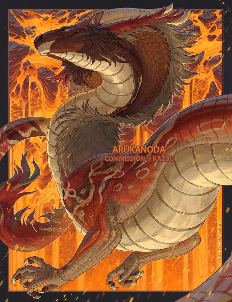 Digital illustration by Arukanoda.  A red, cream, and brown long bodied dragon moves away from the viewer, turning its head to offer a smug smile. It is covered in square shaped scales, with fluffy cheeks and a fur edged hood. The background is active lava flows melting away at feeble rocky protrusions. Commission for Kazulthedragon, thank you for being such a wonderful client over the years. :]