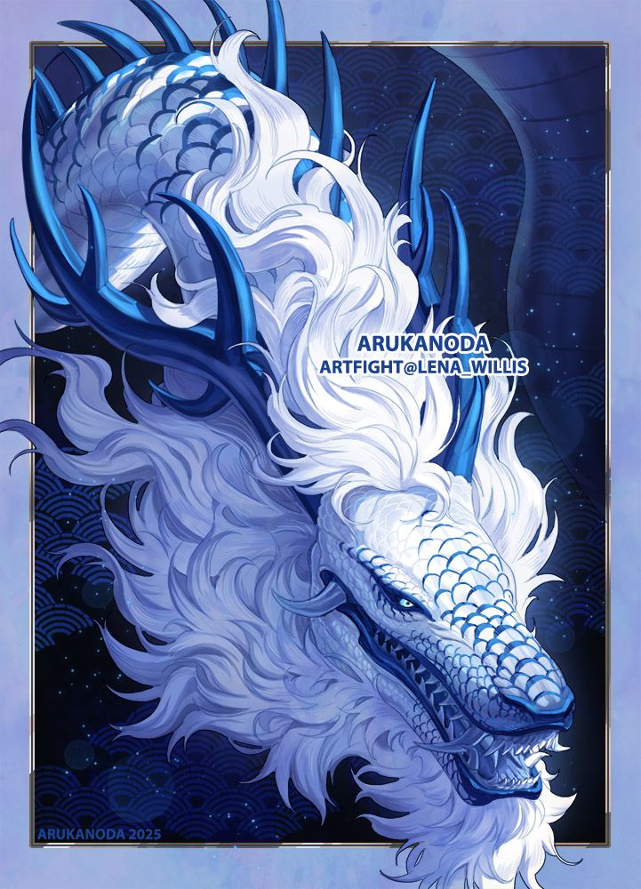 Illustration by Arukanoda. It features a bust crop of a long noodle dragon with white and blue scales, blue horns, and blue spikes along the spine. The face is adorned with several tusks and a huge flowing mantle of fur. For Lena_Willis.
