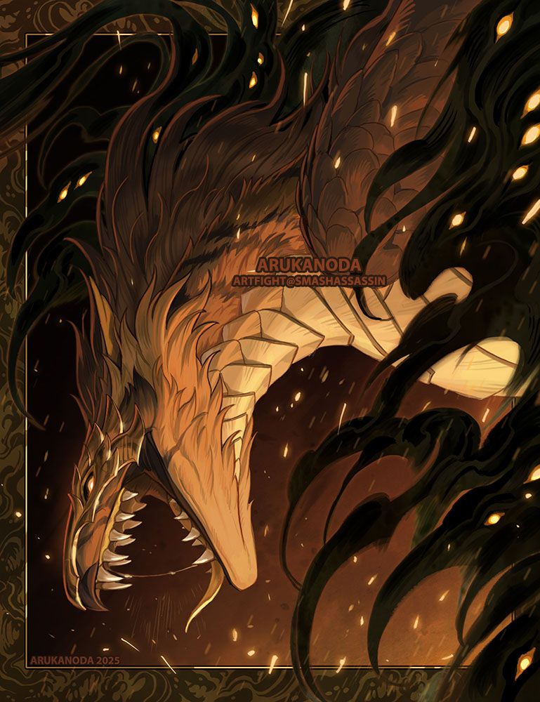 Illustration by Arukanoda. A fur covered wyvern with feathered wings and a golden mask descends into a field of smoke and embers. Smoke like shapes with gold eyes follow the character downwards, reaching forward like talons. For my wife.