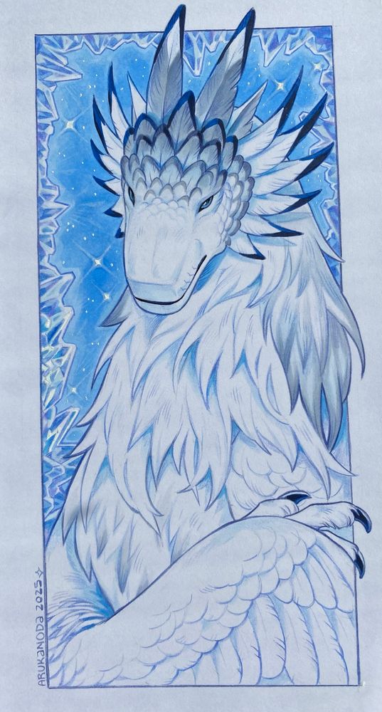 A traditional drawing by Arukanoda. It features a fictional species (arvani) with a plush white coat of fur, feathered wings, and a head with layered silver feathers. Icy blue crystals frame the border of the drawing. Lucian is Lavi’s partner, owned by Witchiness.