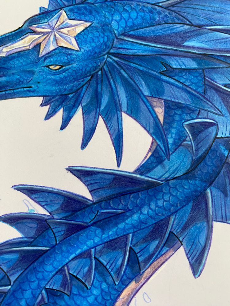 A traditional drawing of a blue dragon. It is colored with markers and colored pencil, cropped over the neck and head without revealing the rest of the drawing.