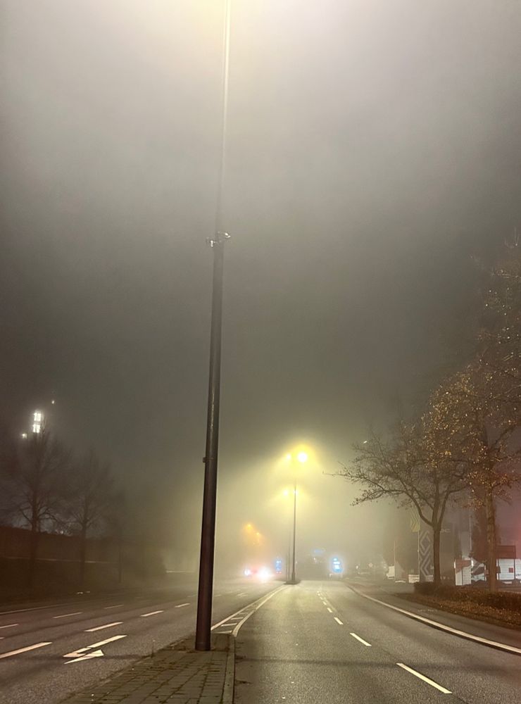 Blick die große Straße hinunter, trübe und diesig im Licht der Straßenlaternen, die auf einem Mittelstreifen stehen 