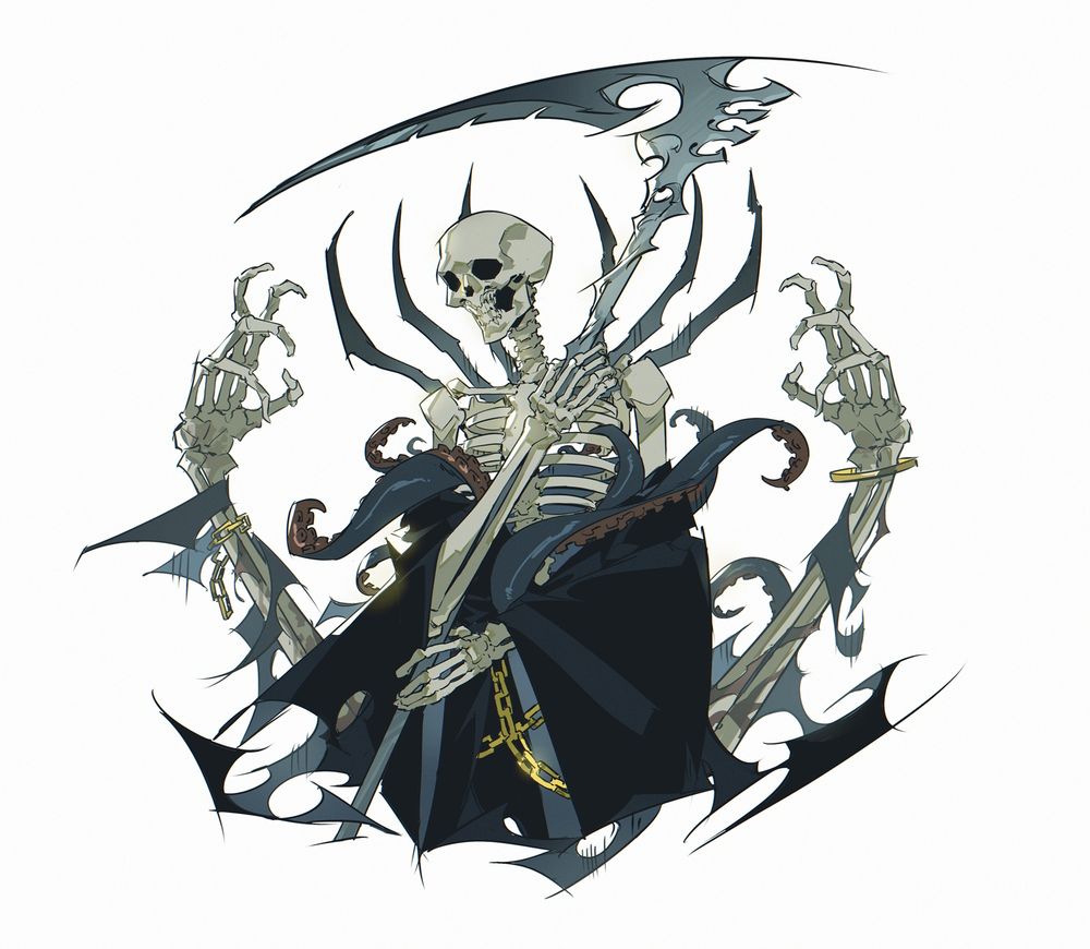 Connor, holding a scythe. Their secondary sets of arms are extended to the sides. 