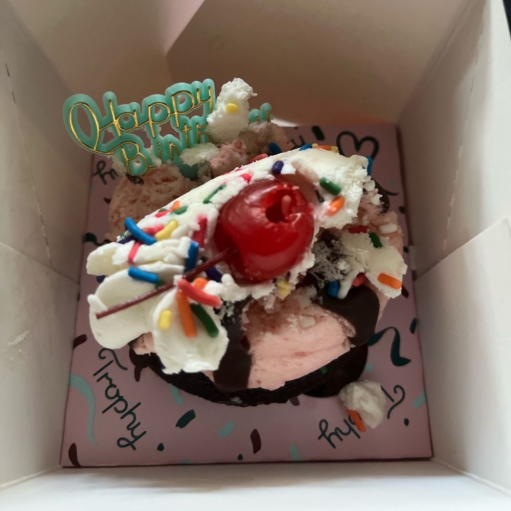 A smashed chocolate cupcake with pink & white frosting and rainbow sprinkles with a marichino cherry on top with the hole facing up. A teal colored happy birthday sign haphazardly placed on the top of the cupcake. 