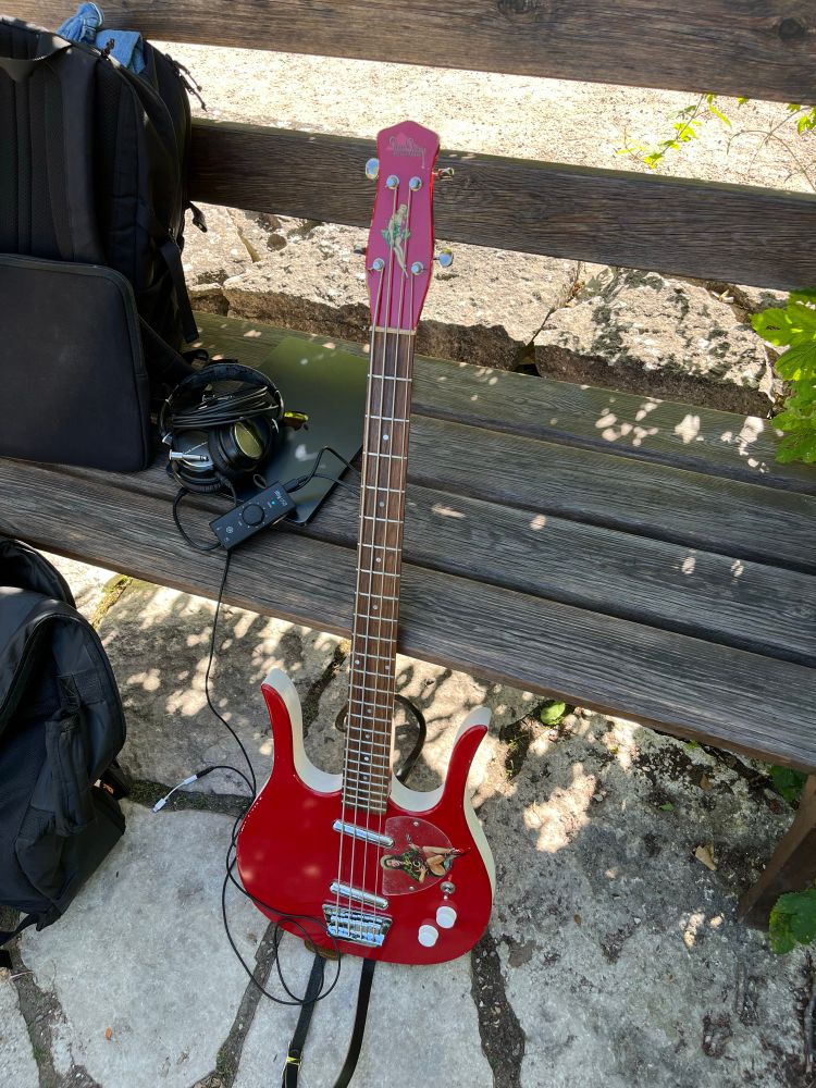 Jerry Jones Longhorn-bas vid en bänk i Visby botaniska trädgård. Övning inför spelning med Sad Jack på Debaser Nova den 12/9. 