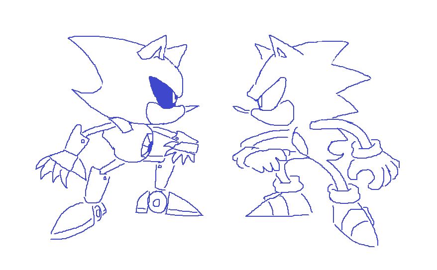 ms paint drawing of classic sonic and metal sonic standing directly in front of another, both of them in the same stance as if prepared to charge and begin fighting