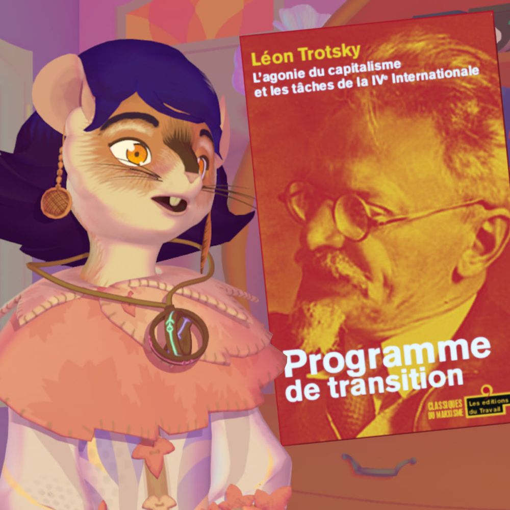 Nibsy la bouche ouverte en regardant la couverture du programme de transition de Trotsky. La couverture est composée d'une photo de Trotsky colorisée en rouge et jaune avec un texte blanc.