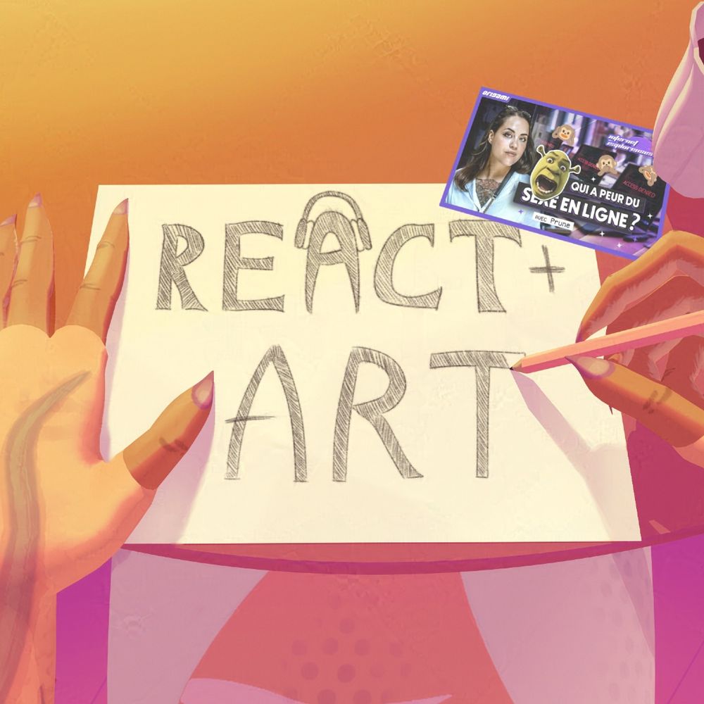 Les deux mains de Nibsy sont en train d'écrire au crayon "Stream Art" sur une feuille format paysage. Le "S" est représenté par un serpent et le "ART" est en plus épais et hachuré (Nibsy est en train de finir de hachurer le T). La caméra est du point de vue des yeux de Nibsy. Sous la tasse et derrière la main, une vignette de la vidéo "qui a peur du sexe en ligne"