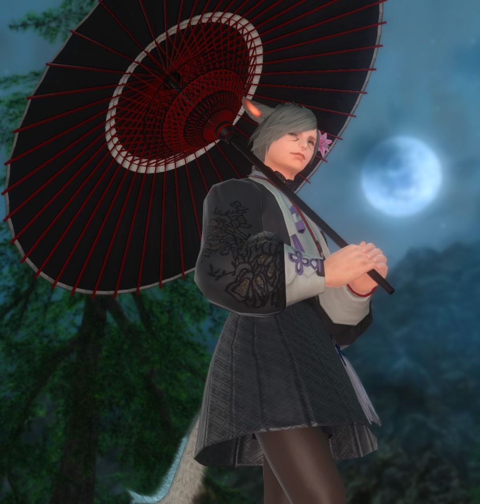 a screenshot of Victor Quibbles in the far eastern maiden's outfit and an umbrella under a cloudy moonlit sky 