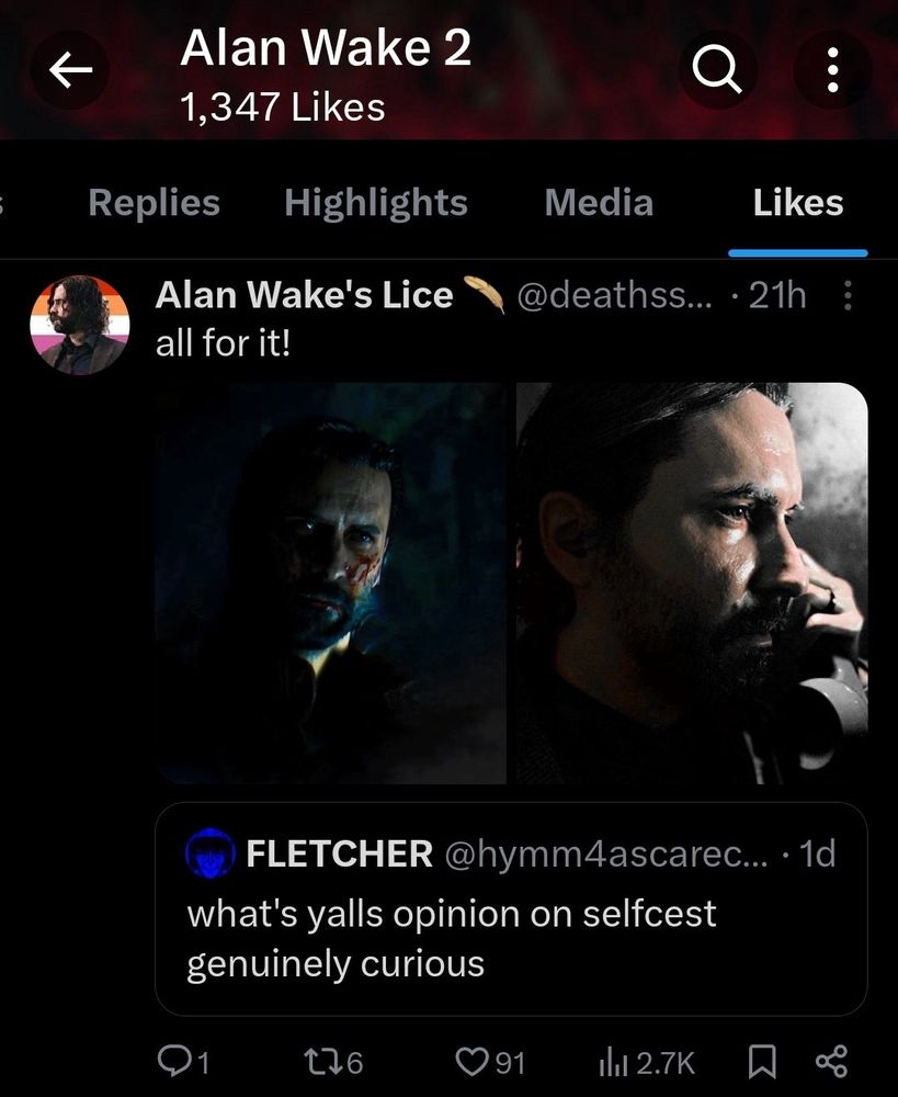 Alan Wake 2 social media likes showing a tweet about selfcest being good being liked by the official account