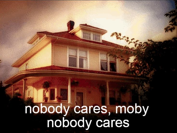 altered screen shot from the opening to millenium showing frank black's yellow house in the seattle suburbs. instead of saying "who cares?" the caption reads: 
"nobody cares, moby
nobody cares"