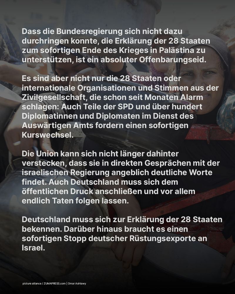 Dass die Bundesregierung sich nicht dazu durchringen konnte, die Erklärung der 28 Staaten zum sofortigen Ende des Krieges in Palästina zu unterstützen, ist ein absoluter Offenbarungseid. 

Es sind aber nicht nur die 28 Staaten oder internationale Organisationen und Stimmen aus der Zivilgesellschaft, die schon seit Monaten Alarm schlagen: Auch Teile der SPD und über hundert Diplomatinnen und Diplomaten im Dienst des Auswärtigen Amts fordern einen sofortigen Kurswechsel. 

Die Union kann sich nicht länger dahinter verstecken, dass sie in direkten Gesprächen mit der israelischen Regierung angeblich deutliche Worte findet. Auch Deutschland muss sich dem öffentlichen Druck anschließen und vor allem endlich Taten folgen lassen.

Deutschland muss sich zur Erklärung der 28 Staaten bekennen. Darüber hinaus braucht es einen sofortigen Stopp deutscher Rüstungsexporte an Israel. 

