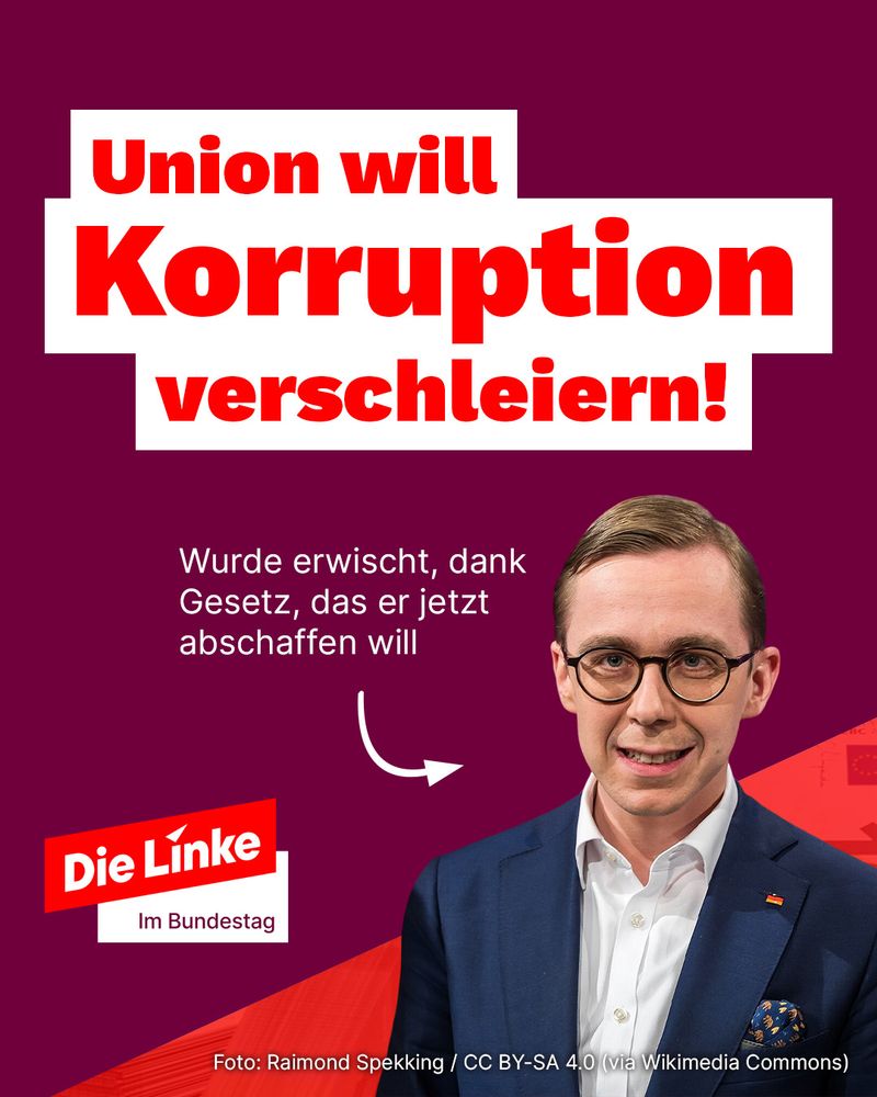 Union will Korruption verschleiern!

Wurde erwischt, dank Gesetz, das er jetzt abschaffen will

Die Linke im Bundestag

Foto: Raimond Spekking / CC BY-SA 4.0 (via Wikimedia Commons)