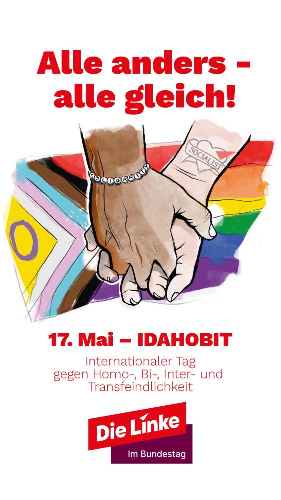 Illustration zweier Hände die sich gegenseitig halten, im Hintergrund die pride flag. Titel "Alle anders, alle gleich" zum 17. Mai, dem Tag gegen queerfeindlichkeit.