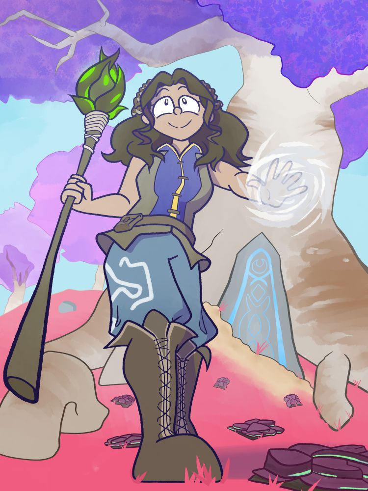 Isohel's Runescape Dragonwilds character Lucky stands under a magic tree in the fratured plains. 