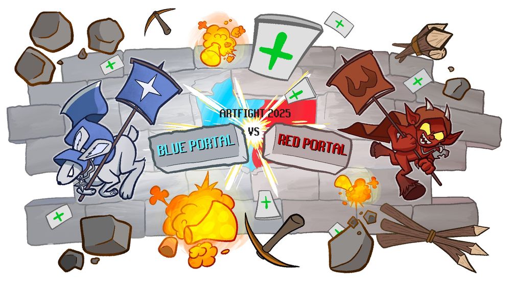 Castle wars themed banner for a RuneScape themed art-fight with a rabbit representing the blue / saradominist team bs the red / zamorakian team 