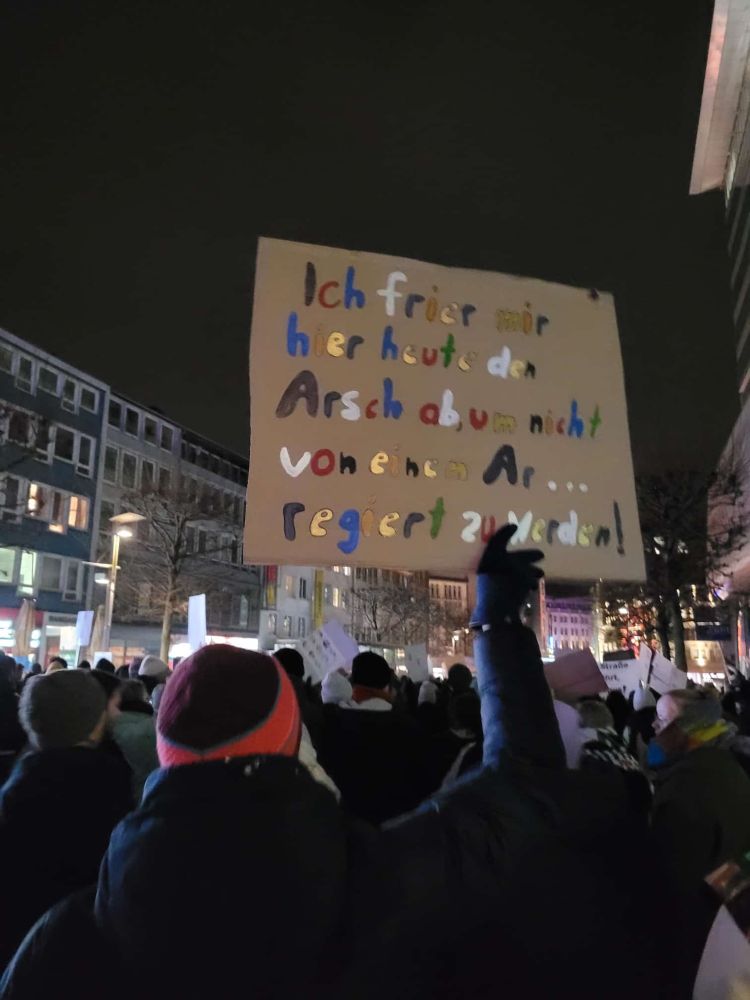 Auf dem Bild sieht man mich mit meinem Schild auf einer Demo auf dem steht: ich frier hier mir heute den Arsch ab, um nicht von einem Ar… regiert zu werden.