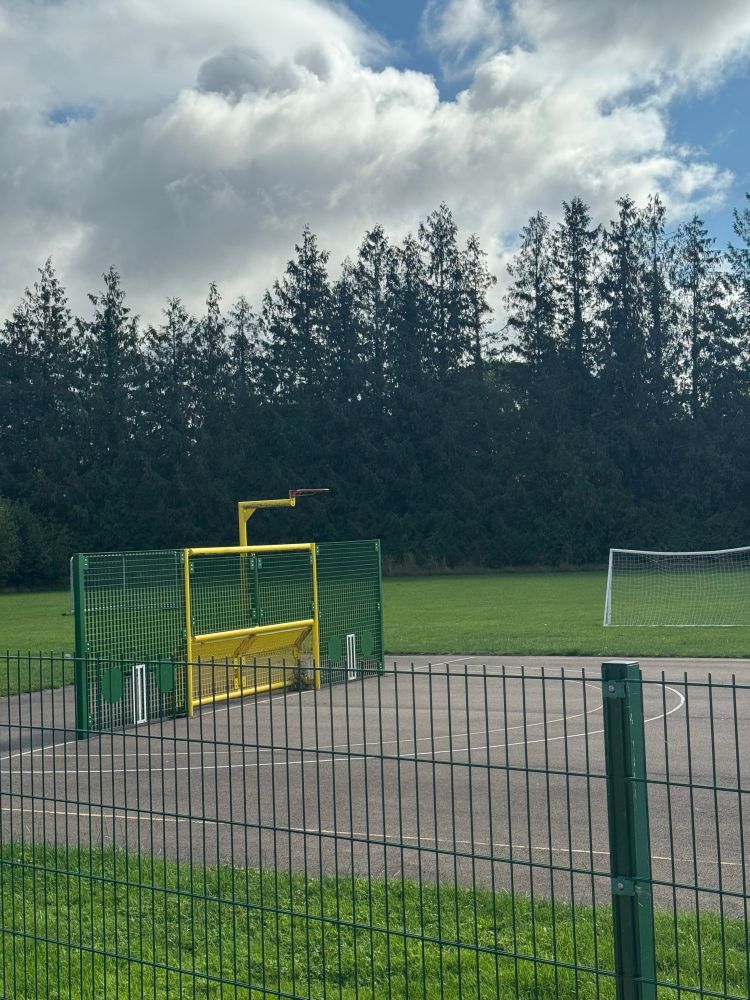 Outdoor basketball court with a rim but no backboard 