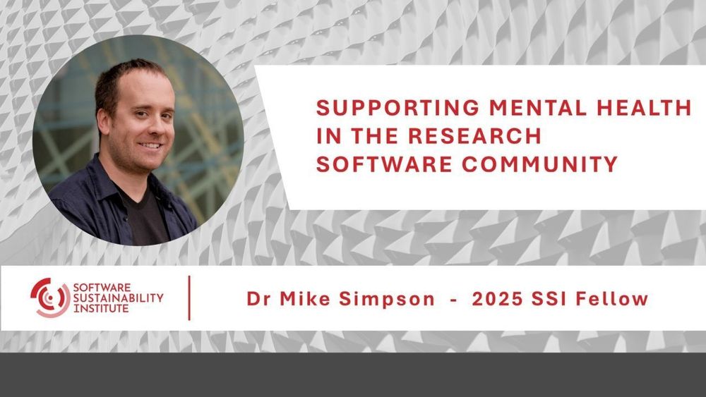 A photo of Mike Simpson, next to the words "supporting mental health in the research software community" and the SSI logo