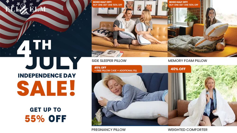 Comfortable Eli & Elm pillows with fireworks and American flag background for 4th of July Sale.
