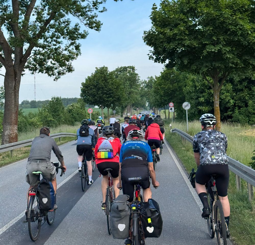 Das Bild zeigt eine große Gruppe von Radfahrern, die auf einer Landstraße mit Bäumen an beiden Seiten fahren. Die Radfahrer fahren in einer Reihe hintereinander und scheinen an einer organisierten Radtour teilzunehmen. Der Himmel ist leicht bewölkt und die Stimmung wirkt entspannt.

