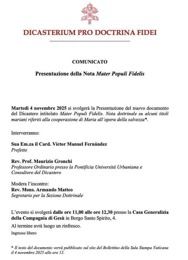 Ankündigung des Glaubensdikasteriums: Präsentation der Lehrmäßigen Note "Mater Populi Fidelis"