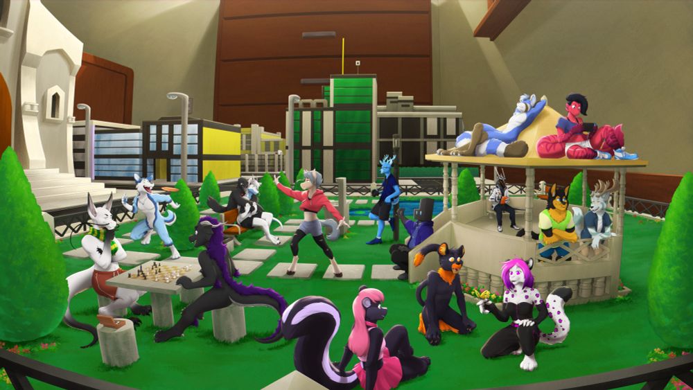 Same picture as the quoted post, but now colored. A closer look at a miniature city, built in a room, you can see in the background a 'huge' cabinet, part of a window and bed. In the miniature city, there are characters hanging out in a park. Two are playing chess, three others sitting in the grass seeing a butterfly. Four of them are inside a gazebo, and other two at the gazebo's roof. Another two of them are in a park bench. One is leaning in a lamp post, and other two are playing frisbee.