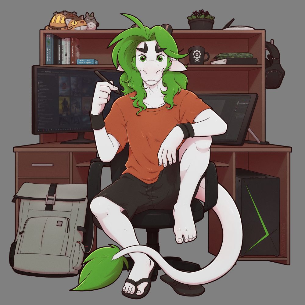 John, a anthro eastern dragon, wearing a tshirt and shorts and slippers. He is sitting in an office chair, with the right arm a bit raised, while holding a pen. Behind him there's a computer desk, with a screen tablet, a computer and monitor, and also some books, figures, and a backpack.