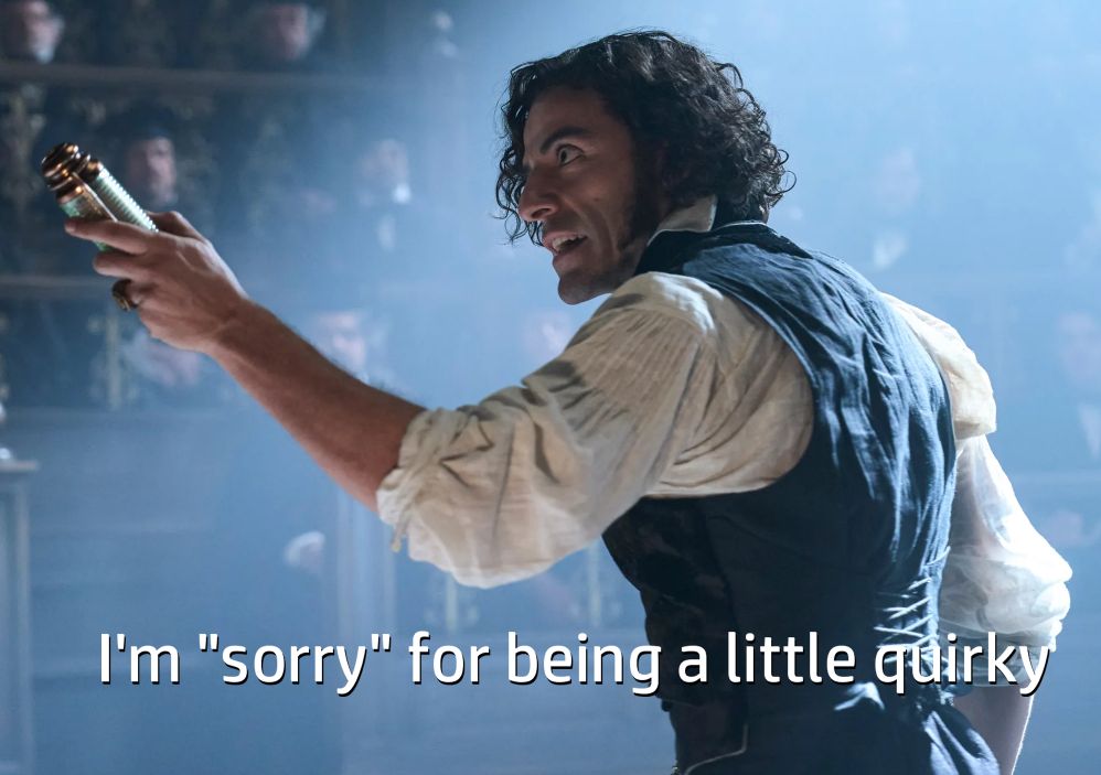 Screenshot of Victor Frankenstein from the 2025 movie with the text "I'm sorry for being a little quirky"