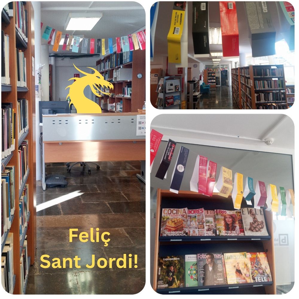 Tres fotografies en collage de l'interior de la biblioteca. Es veuen els prestatges amb llibres, revistes i el mostrador d'atenció al públic. Unes garlandes fetes amb les faixes multicolors dels llibres decoren la biblioteca.