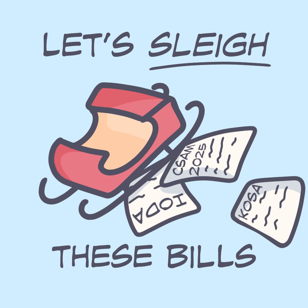 Digital art of a red sleigh running over papers with the words "CSAM 2025, IODA, and KOSA" on them. Text: "lets sleigh these bills".