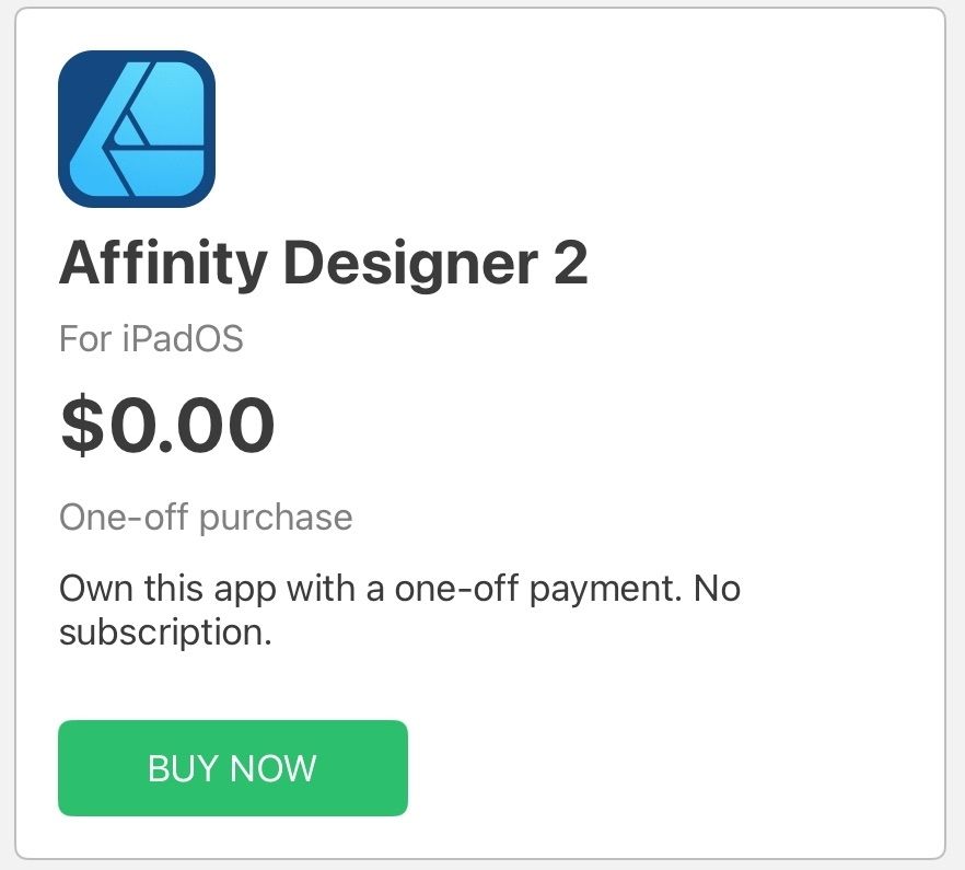 Screenshot to purchase affinity designer 2 for $0.
