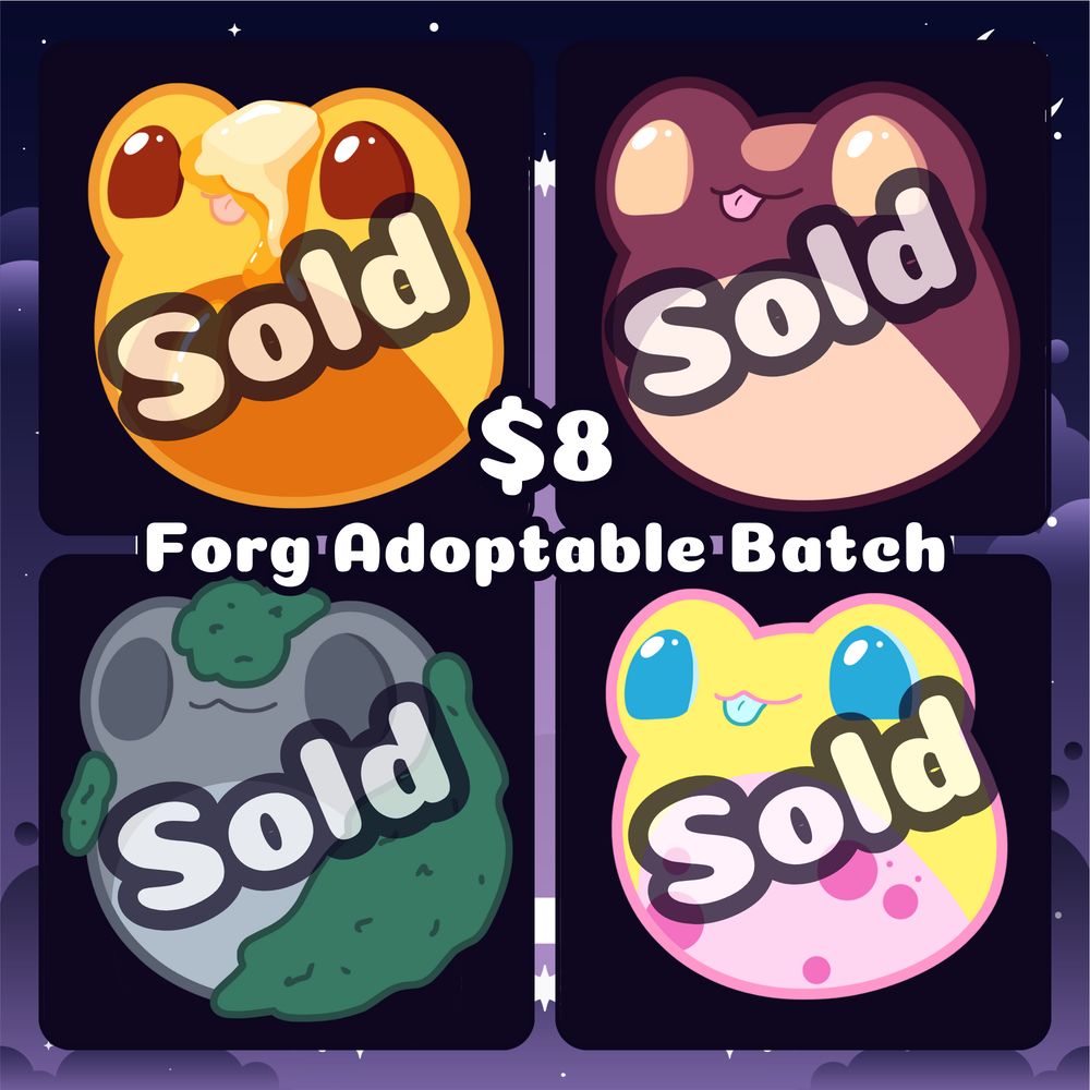 Same as previous image, but with the word "sold" written across every frog.