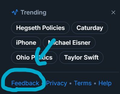 Screenshot showing the "feedback" button for bsky under the "trending" section.