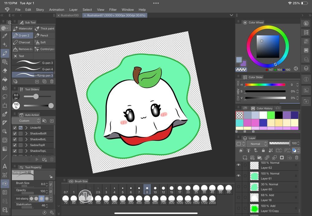 Screenshot of a digital art program with a sketch of a cute chibi vtuber model of an apple with a sheet covering most of it to look like a ghost. It has large cute eyes and a blush.