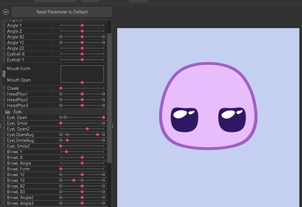 Screenshot of an animation software with a cute cartoon floating head looking tired/annoyed.