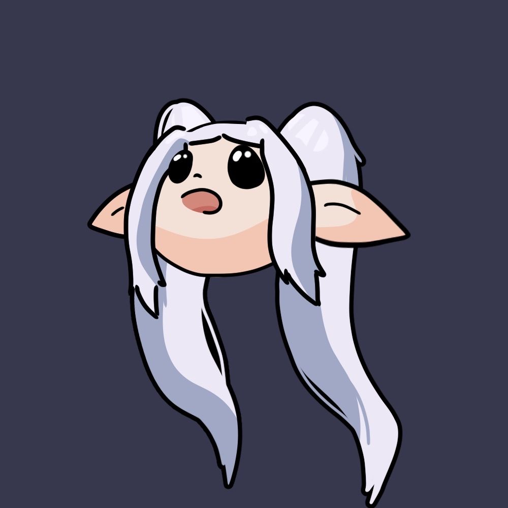 Digital art of a cute floating chibi head of the character Frieren - a white haired elven woman with pigtails.
