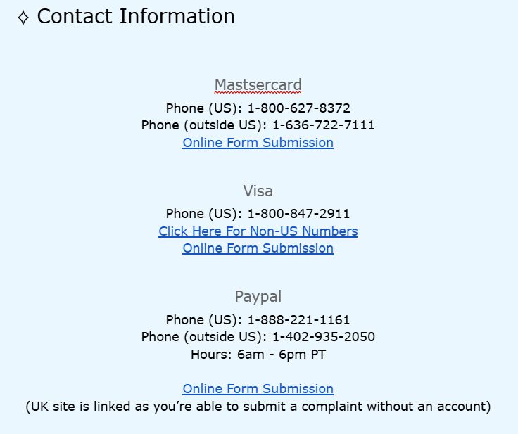 Contact Information

Mastsercard
Phone (US): 1-800-627-8372
Phone (outside US): 1-636-722-7111
Online Form Submission

Visa
Phone (US): 1-800-847-2911
Click Here For Non-US Numbers
Online Form Submission

Paypal
Phone (US): 1-888-221-1161
Phone (outside US): 1-402-935-2050
Hours: 6am - 6pm PT

Online Form Submission
(UK site is linked as you’re able to submit a complaint without an account).