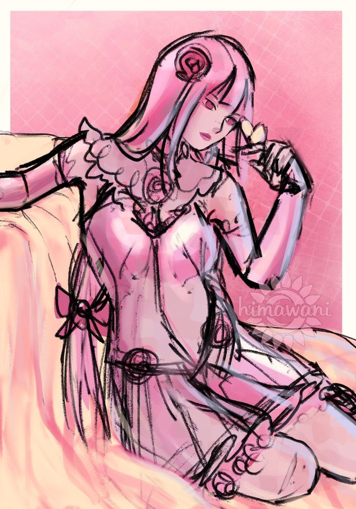 Drawing of a girl with long pink hair. She sits on fabric on the floor. She looks at a butterfly that landed on her hand.