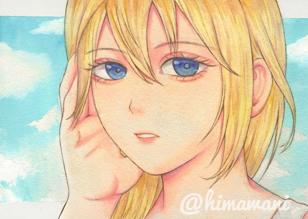 Watercolor piece of Naminé from Kingdom Hearts. A close up of her face. In the background is a cloudy blue sky. 