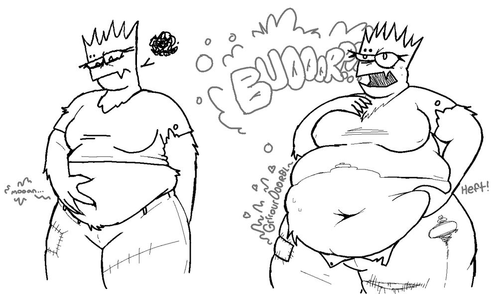 2 drawing sequence of a vaguely animal-ish woman named Fenn. In the first drawing, Fenn holds a handful of her own gut and is a little frustrated. In the second drawing, Fenn is now much fatter and the outfit she was wearing in the first part now struggles to contain all of her. She is burping loudly while her hand gropes at another part of her gut.