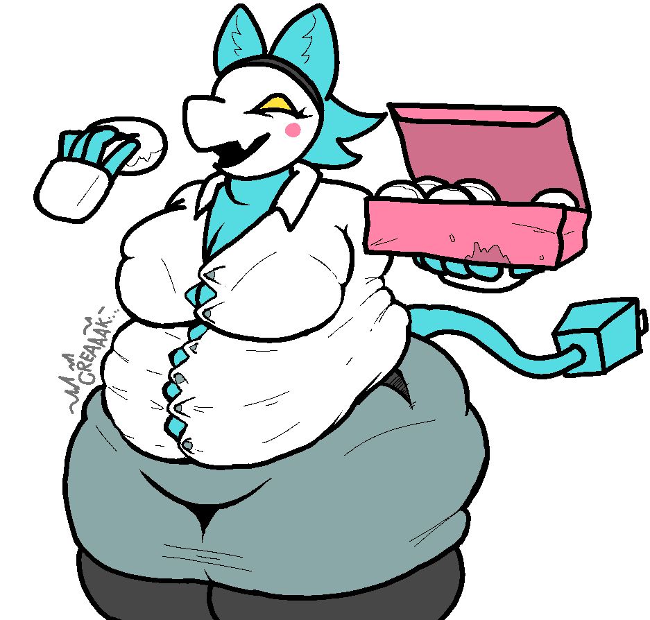 Tasque Manager from Deltarune wearing a stereotypical office worker's uniform eating donuts. she is very fat and nearly bursting out of her outfit.