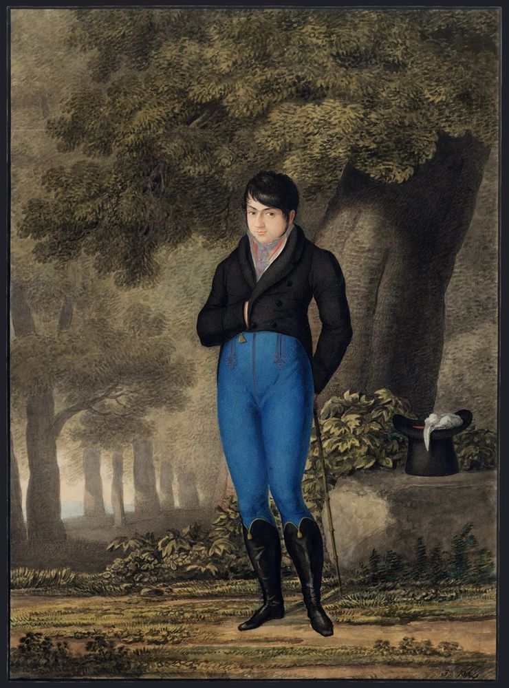 Gemälde eines Mannes, der in einem Wald steht. Er trägt schwarze Stiefel, eine sehr eng anliegende, blaue Hose mit hohem Bund und eine schwarze Jacke in Taillenlänge. In seiner linken Hand hält er eine Reitgerte. Auf einem Findling liegt ein schwarzer Zylinder und ein weißer Schal (?)