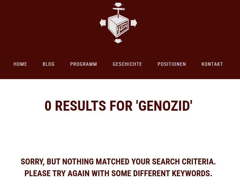Screenshot Rote Flora Website, 0 results for genozid