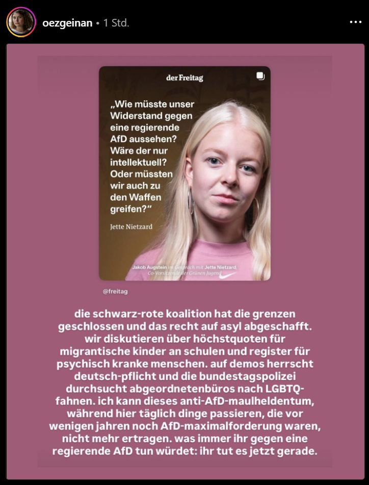 Insta Post von Özge Inan - Ein Bild von Jette nIetzard mit dem Text: "Wie müsste unser Widerstand gegen eine regierende AfD aussehen? Wäre der nur intellektuell? Oder müssten wir auch zu den Waffen greifen?" Darunter Özges Text: die schwarz-rote koalition hat die grenzen geschlossen und das recht auf asyl abgeschafft. wir diskutieren über höchstquoten für migrantische kinder an schulen und register für psychisch kranke menschen. auf demos herrscht deutsch-pflicht und die bundestagspolizei durchsucht abgeordnetenbüros nach LGBTQ-Fahnen. ich kann dieses anti afd maulheldentum während hier täglich dinge passieren die vor wenigen jahren noch AfD maximalforderung waren, nicht mehr ertragen. was immer ihr gegen eine regierende AfD tun würdet: Ihr tut es jetzt gerade.