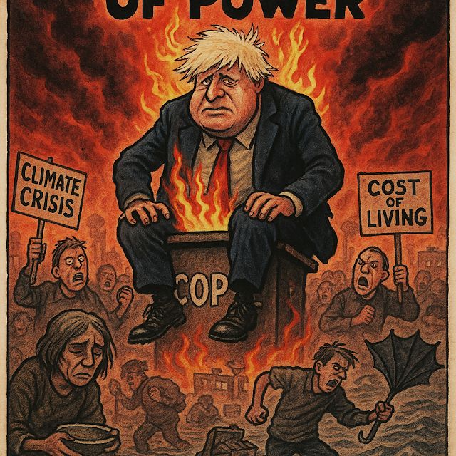 'The Betrayal of Power' political chaos and societal struggle amid cost of living and climate global warming crises Boris Johnson #PoliticalSatire #ChatGPTimage 'Fishy Rishi (Johnson's 'Westminster Stooge' co-conspirator) Artworks' Llewelyn Pritchard 5 November 2025 
