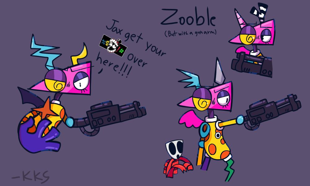 3 drawings of Zooble with a gun arm ft. Gangle both from The Amazing Digital Circus.